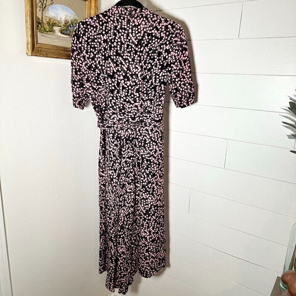 Ganni Floral Print Wrap Midi Dress Pink Black Dainty Feminine Size 36/Small - Picture 2 of 8